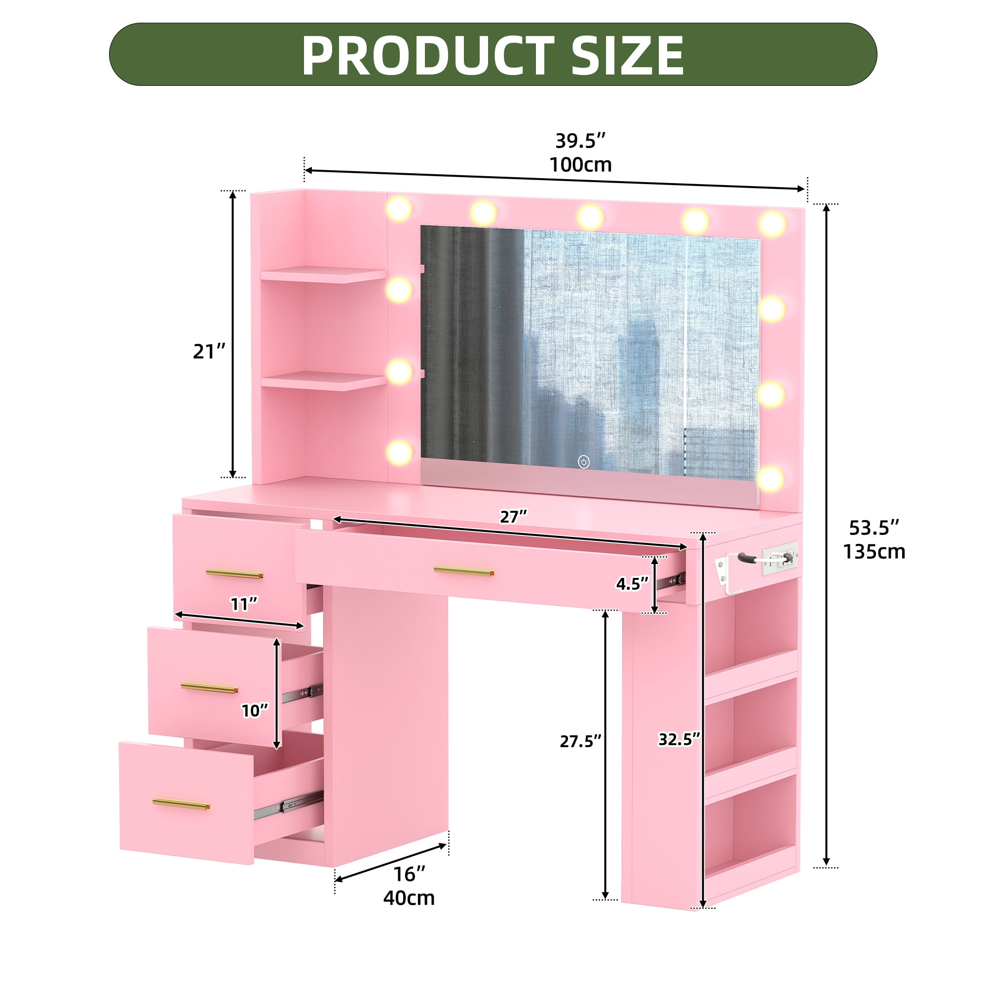 Uforic Makeup Vanity Desk with Mirror & Lights, Vanity Desk with 4 Drawers & Storage Shelves - Pink