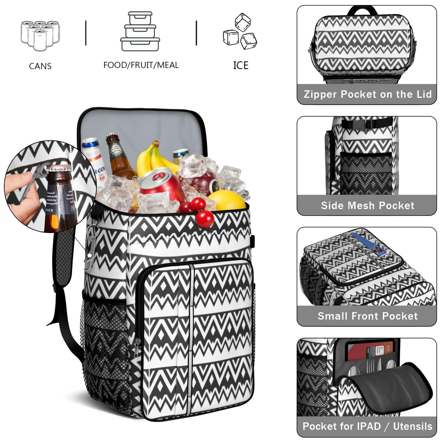 Travel Cooler Bag - Boho Bohemia Pioneer Flower Geometric Line Art Camping Beer Cooler Backpack with Bottle Opener- Waterproof Insulated Picnic Backpacks - Cooler Bag for Beach