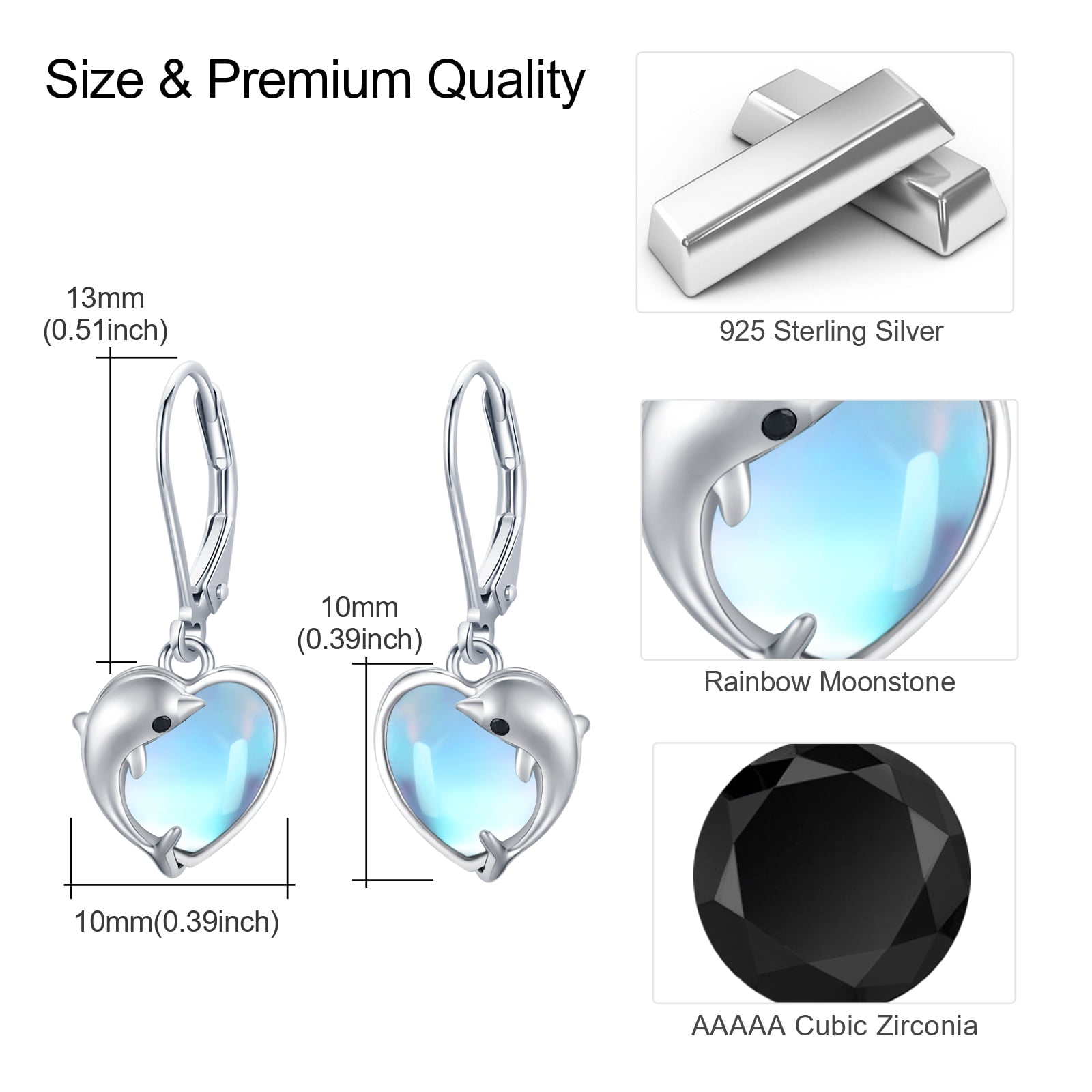AOVEAO Dolphin Drop Dangle Earrings 925 Sterling Silver Lever Back Heart Moonstone Earrings Fashion Jewelry Birthday Xmas Gift for Women Daughter Niece Mom Wife