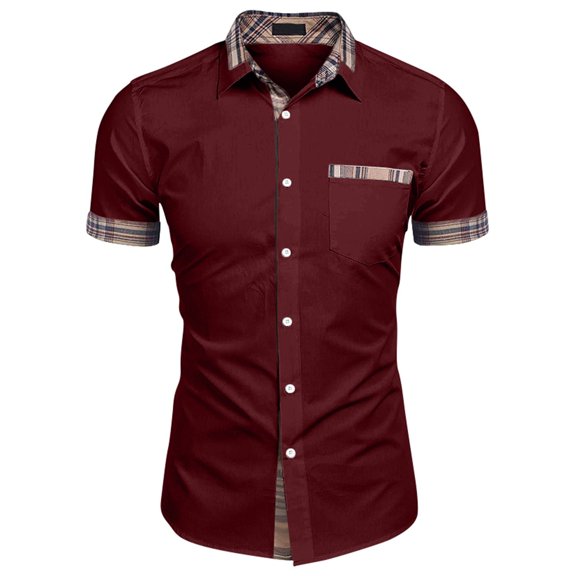 OIOLOYJM Men's Casual Button-Down Shirts Casual Stretch Short Sleeve Collar Plaid Contrast T-Shirt Fashion Outdoor Work Beach Vacation Lounge Shirts with Pocket Wine L