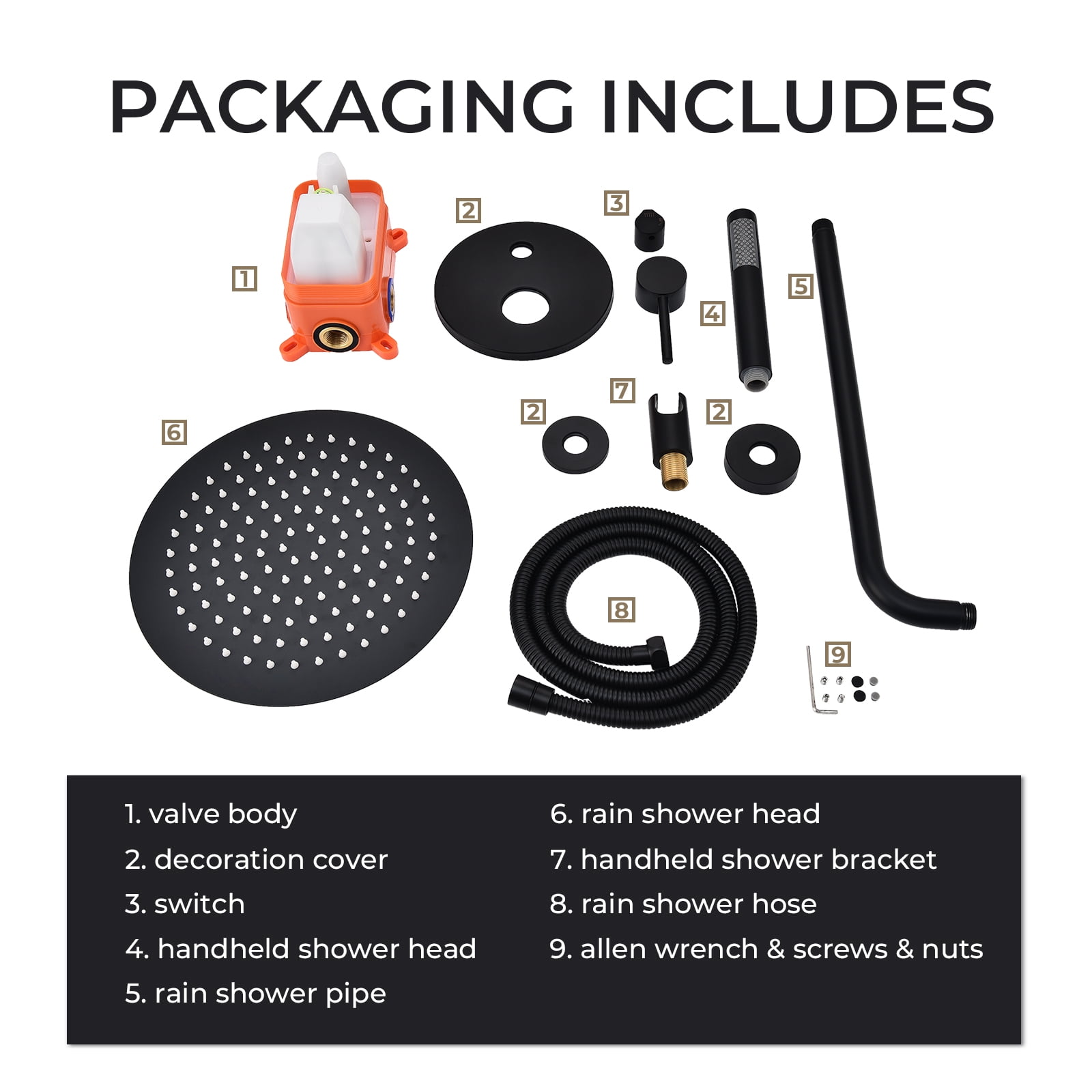 Dawot Shower System Faucet Set, Matte Black 10" Roud Rain Shower Head and Handheld Shower Head Kit, Wall Mounted Shower Trim Kit with Valve