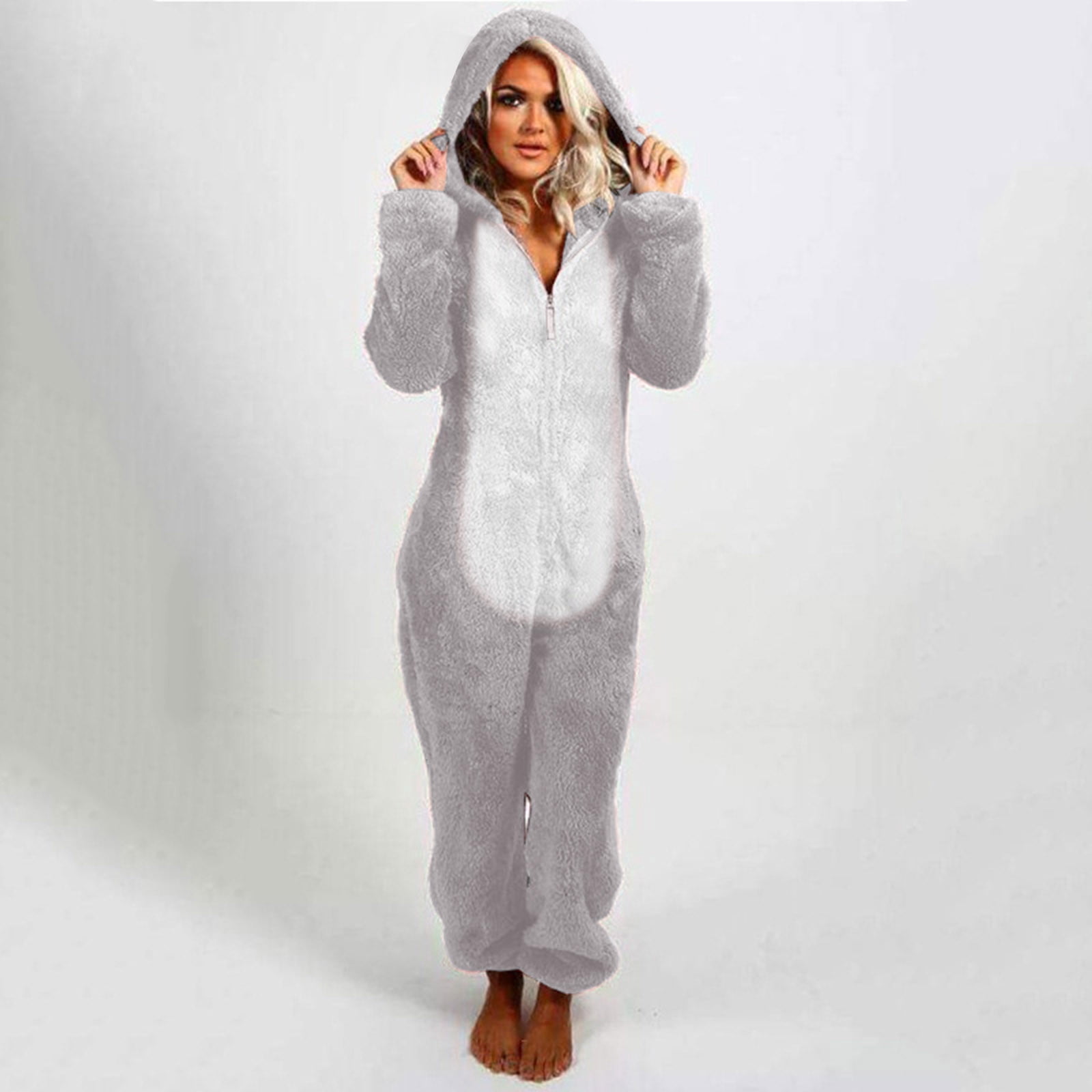 BiZtdJrK Jumpsuits for Women Dressy Casual Hooded Pajamas Trendy Color Block One Piece Sleepwear Winter Comfy Warm Jumpsuit Loungewear, Gray, XXL