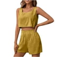 thumbnail image 1 of REORIAFEE Two Piece Outfits For Women Summer Workout Sports Tracksuit Festival Outfit Women's Two Piece Cotton Linen Sleeveless Square Neck Tops Shorts Set Yellow S, 1 of 7