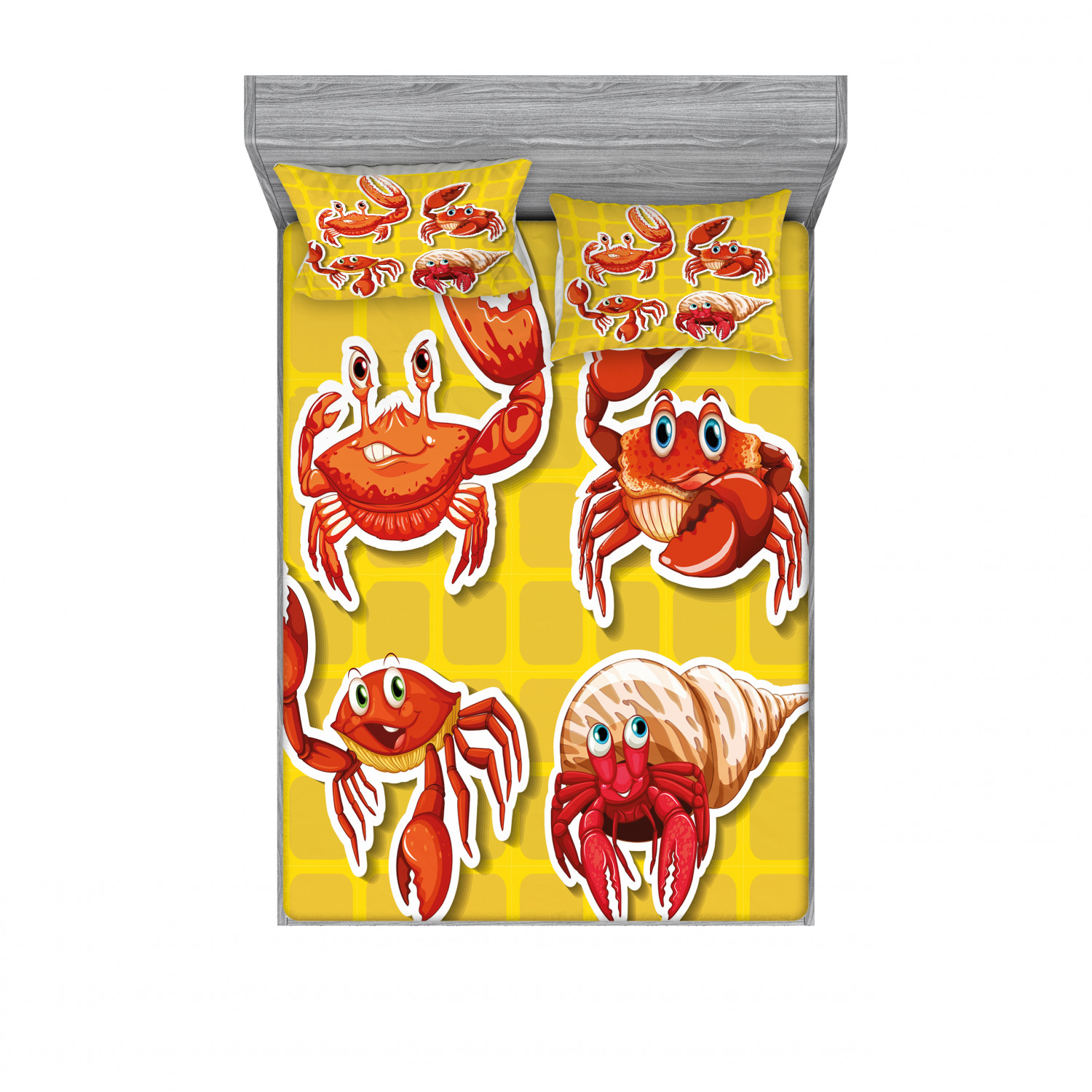 Crabs Bedding Set with Sheet & Covers, Stickers of 4 Different Crabs Illustration in Cartoon