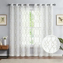 Bazaahm Moroccan Embroidered Semi-Sheer Curtains for Living Room Bedroom Linen Textured Beige Lattice Grommet Window Drape 63"L x 52"W 2pcs