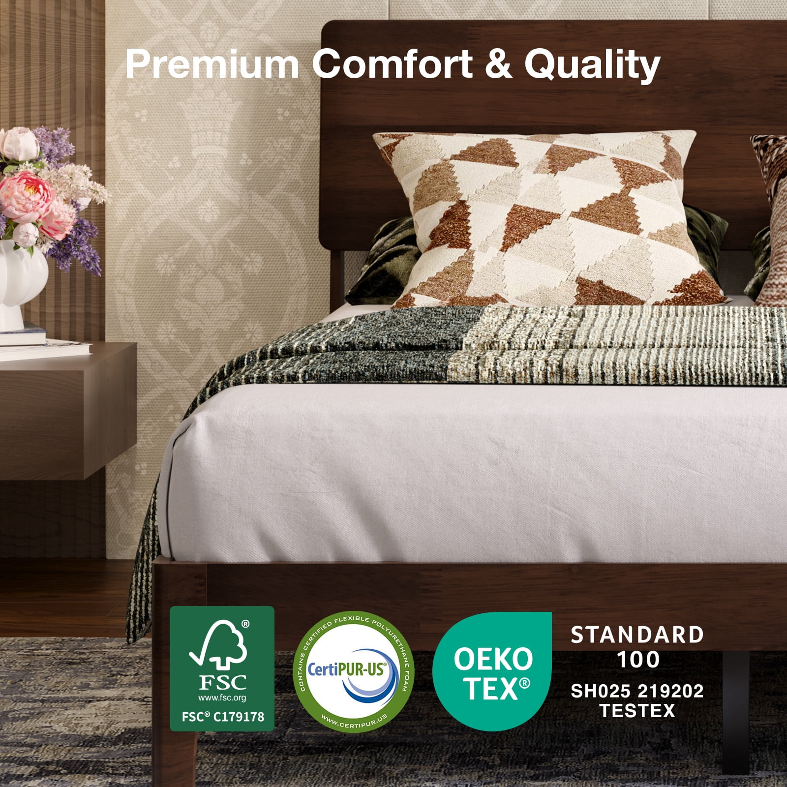 Novilla Bed Frame - King Size Solid Wood Platform Bed with 3-Level Adjustable Headboard, Solid Wood Slat Support, No Box Spring Needed, Walnut