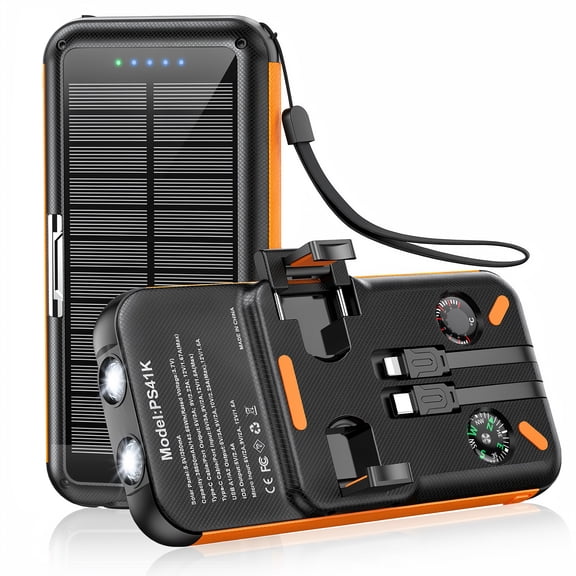 SOLPOWBEN 38800mAh Solar Power Bank, 22.5W Fast Charging Portable Charger for iPhone/Android, Solar Charger with Built‑in Cables & Dual Flashlight for Outdoor Camping Hiking(Orange)