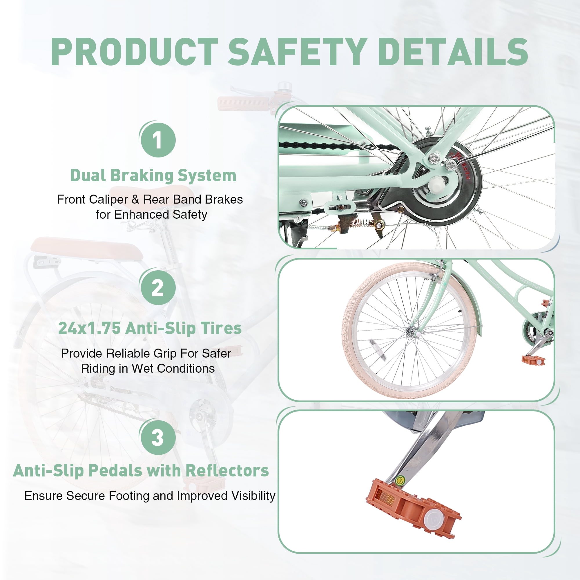 Aukfa 24" Beach Cruiser Bike with Basket & Rear Seat for Girls & Teens, Step-Through Comfort Bicycle Single Speed City Commuter,Mint Green