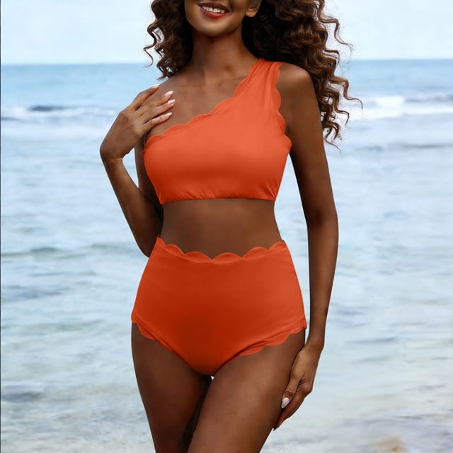 Trajes de baño para mujer Conjunto de traje de baño de dos piezas de cintura alta con un solo hombro y dobladillo ondulado Trajes de baño para mujer Trajes de baño para mujer Trajes de baño de moda de