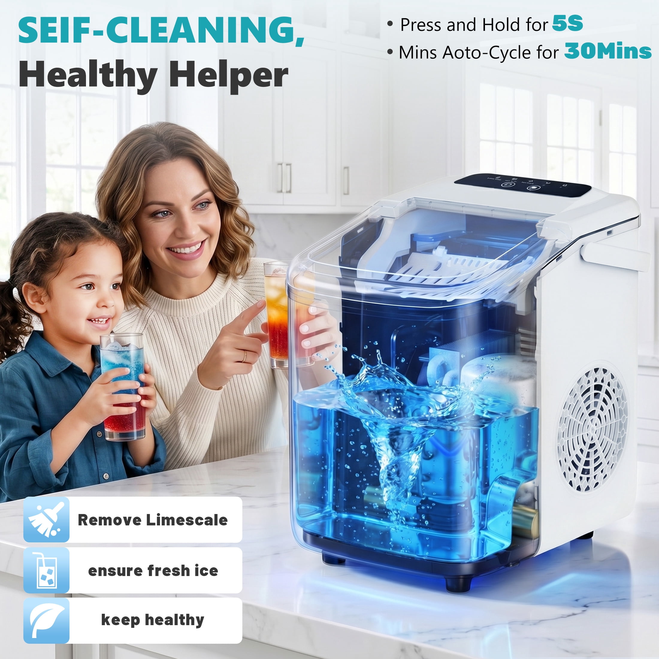 edx Ice Maker, Self-Cleaning Countertop Ice Maker, with Handle & Ice Scoop, 9 Bullet Cubes in 6~8 Mins, 26lbs Daily, White