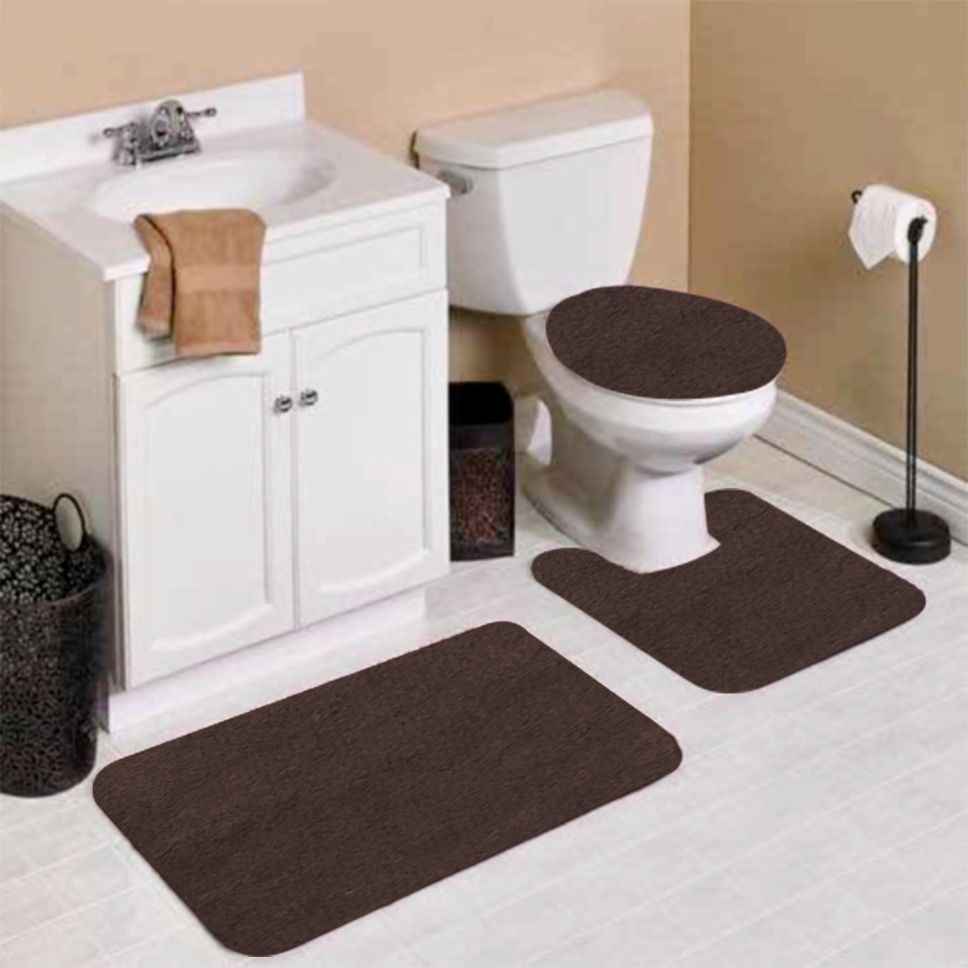 3pcs Bath Mat Soft Modern Design Toilet Seat Lid Cover Solid Contour Rug Decor 