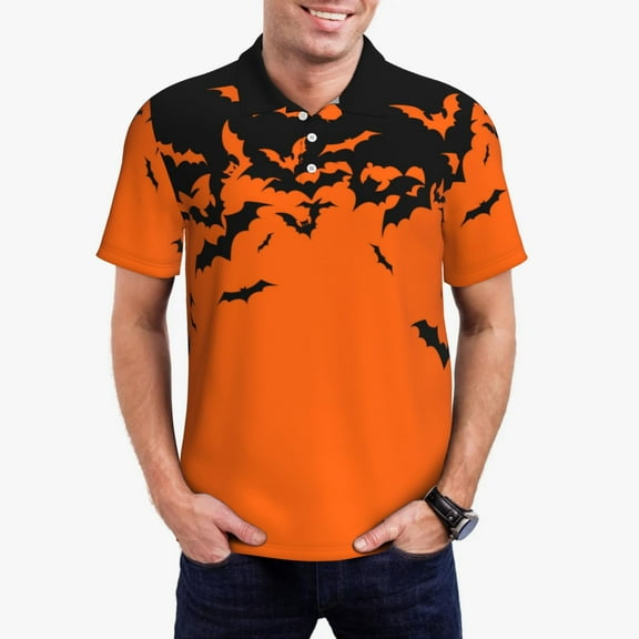 Vsdgher Halloween With Black Bats Polo Shirts for Men, Men's Short Sleeve Stretch Polo Shirt, Shirts for Men-Small