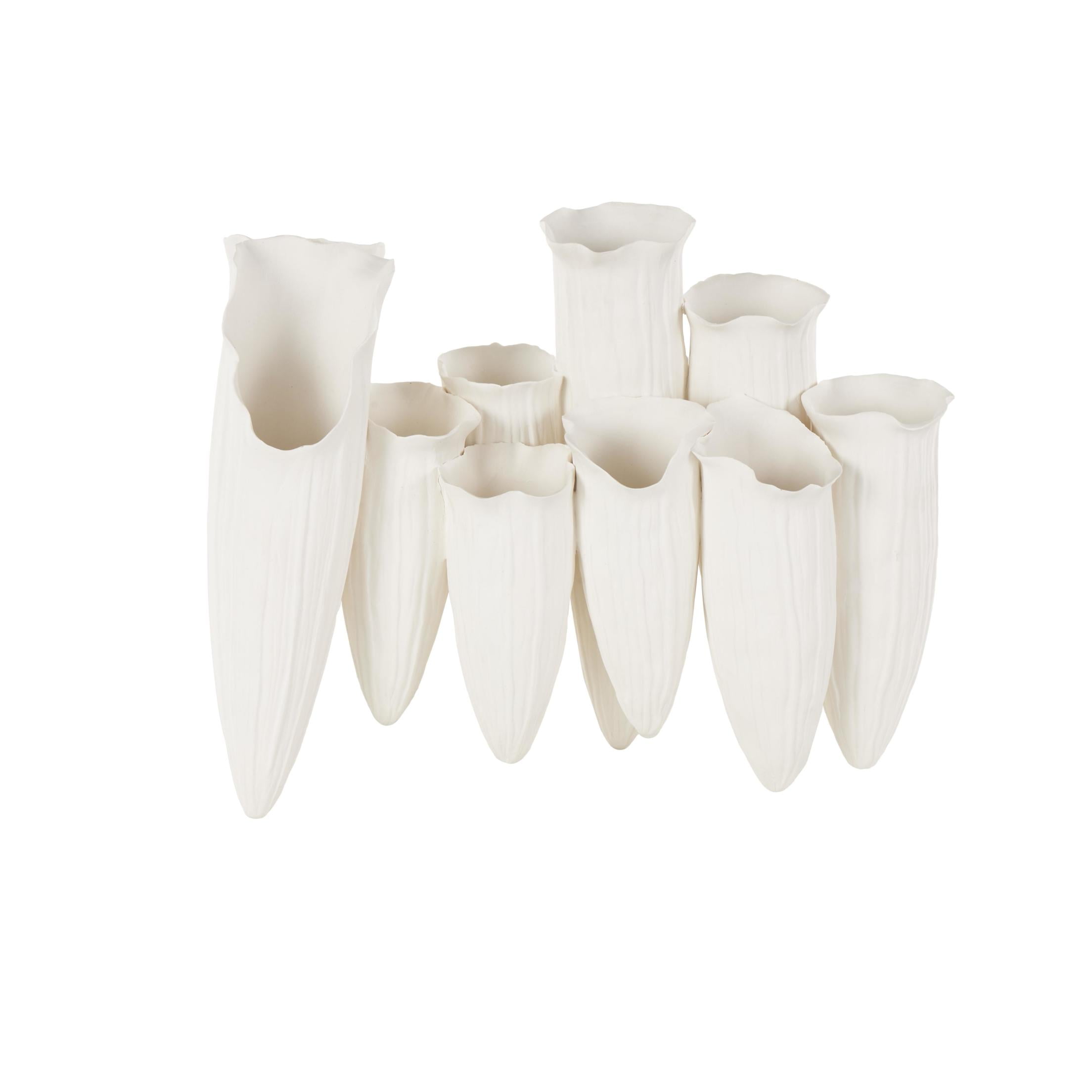 DecMode 11" Abstract Floral Inspired White Ceramic Vase with Linear Grooves and 10 Openings