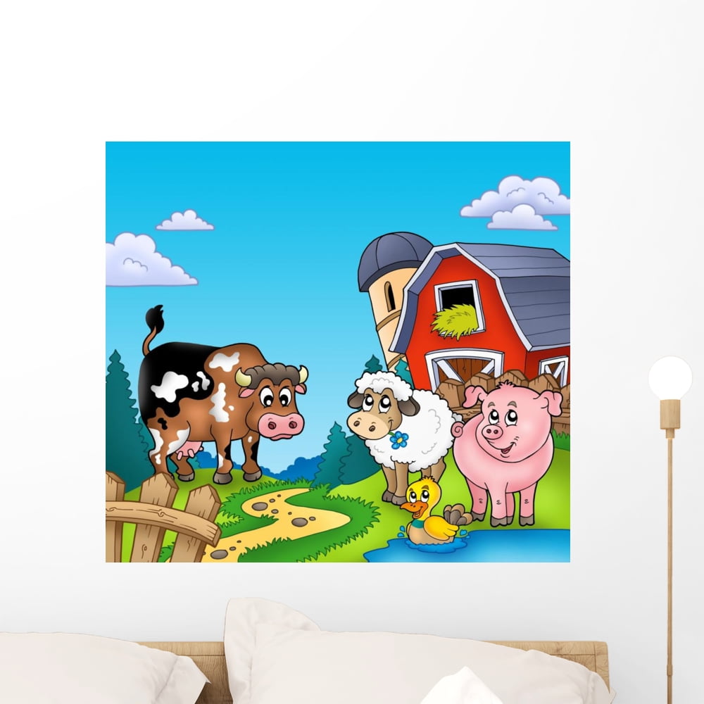 Red Barn with Farm Wall Mural by Wallmonkeys Peel and Stick Graphic (24 in W x 22 in H) WM74549