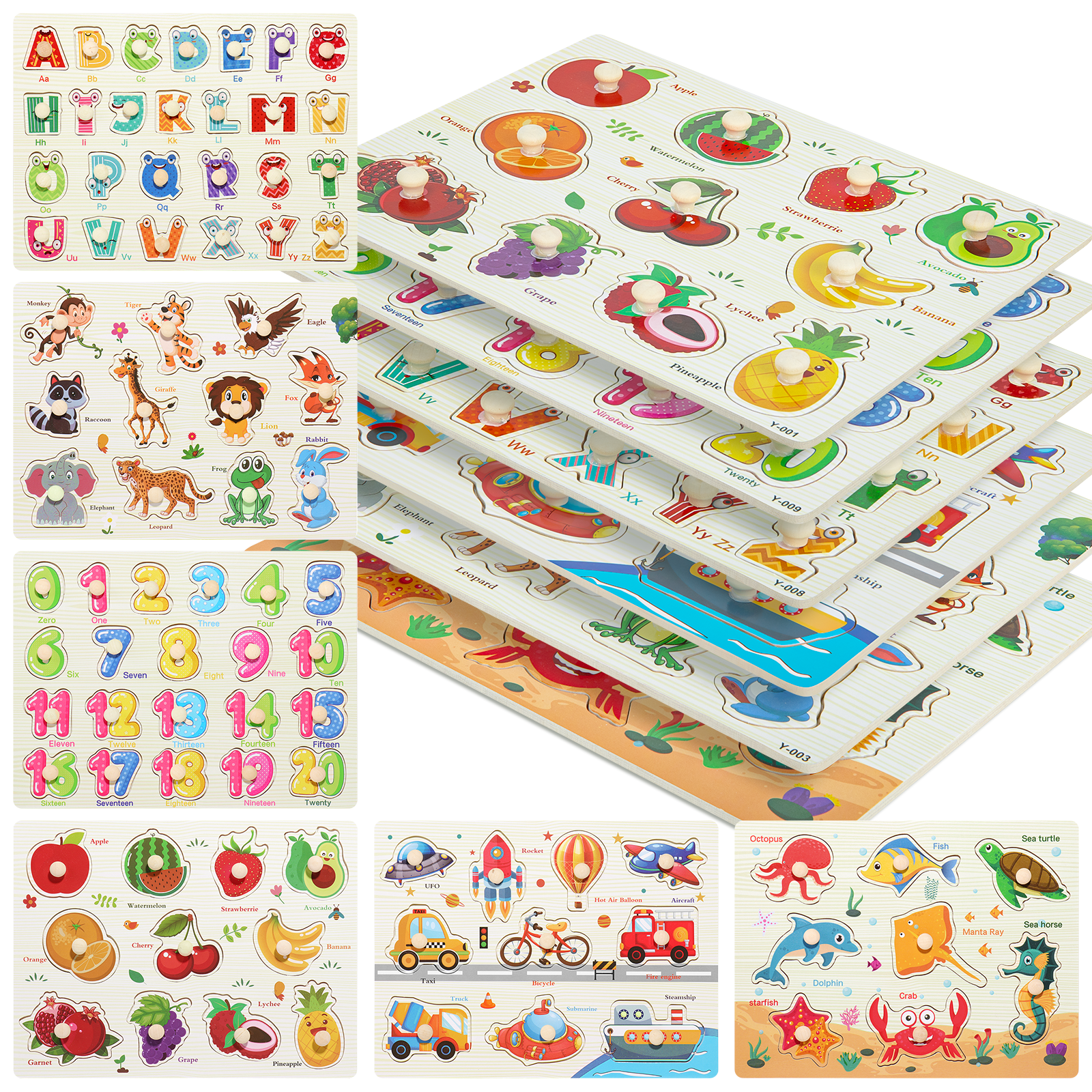 Xueyu Wooden Puzzles for Toddlers, 6 pack Toddler Peg Puzzles Set for 3-5 Year Old Boys Girls, Educational Learning Sensory Toy - Alphabet Number Animal Vehicle Fruits Sea Animals