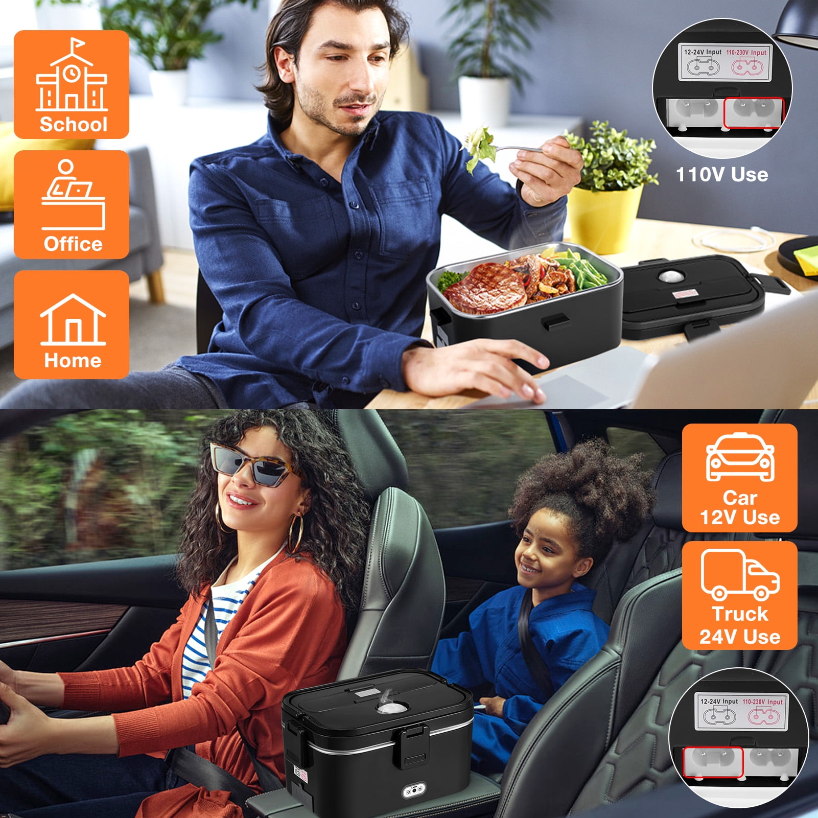 Livhil Electric Lunch Box Food Heater, Portable Food Warmer, Hot Lunch Warmer Heated Lunch Box for Adults, 60W 1.8L 12V-24V 110V Stainless Steel Container Portable Food Heater (Black+Black)