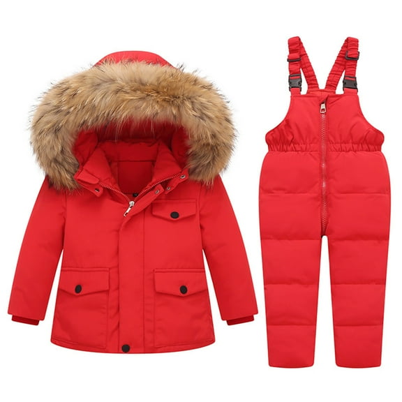 SGFCWSX Unisex Winter Snowsuit Set Boys Girls Furry Hooded Puffer Jacket and Adjustable Bib Overalls 2 Piece Cold Weather Outfit for Kids Red Size 2-3 Years
