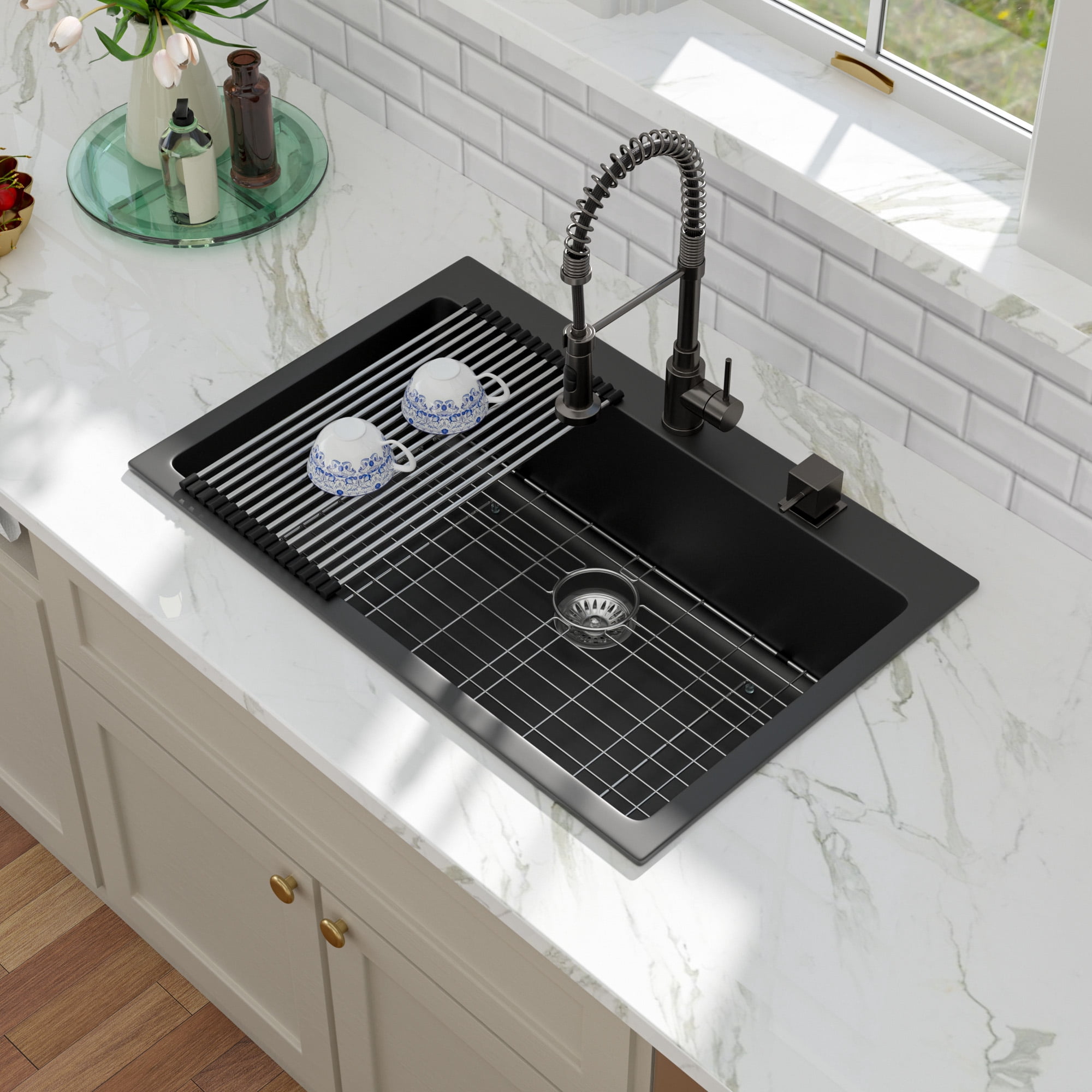 33 Inch Drop-In Topmount Single Bowl Granite Quartz Composite Kitchen Sink, Black, Heat Resistant Scratch Resistant Easy to Clean Non-Porous Sink with Bottom Grid, Drain Strainer