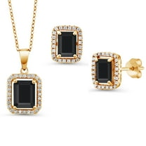 Gem Stone King 18K Yellow Gold Plated Silver Black Onyx Pendant and Earrings Jewelry Set for Women | 6.13 Cttw | Emerald Cut 9X7MM and 8X6MM | Gemstone December Birthstone | with 18 inch Silver Chain