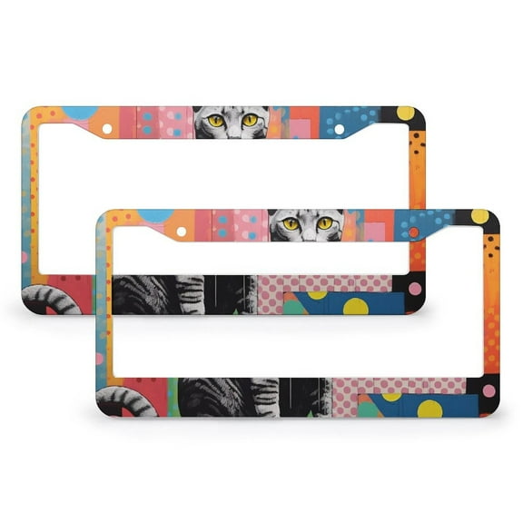 2 Pack A Painting Of A Cat On Box License Plate Cover Funny Cat Theme Car License Plate Frame Stainless Aluminum 2 Hole for Women Men US Vehicles Standard