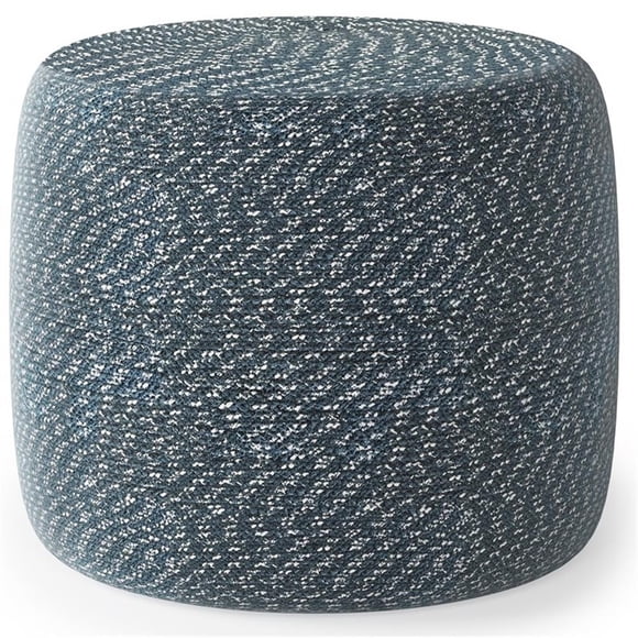 Bayley Pouf Rond Tressé de Style Transitionnel en Bleu Égée et Coton Naturel