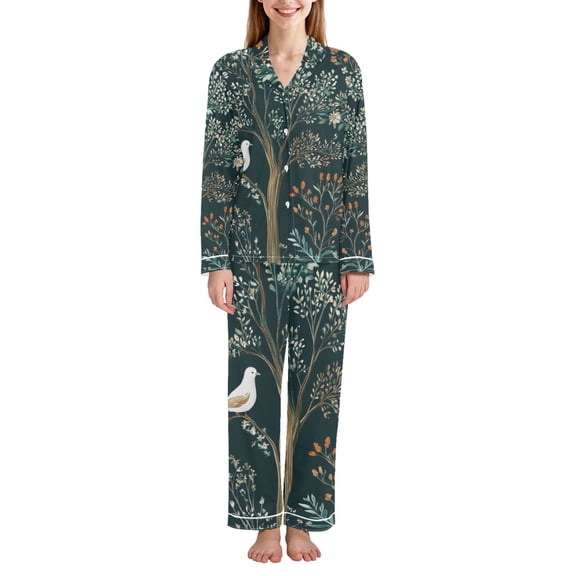 FORMRS Womens Pajama Set Long Sleeve Top and Pants with Pockets Soft Comfy Lounge Sleepwear, Sizes S-2XL, Floral Forest Scene