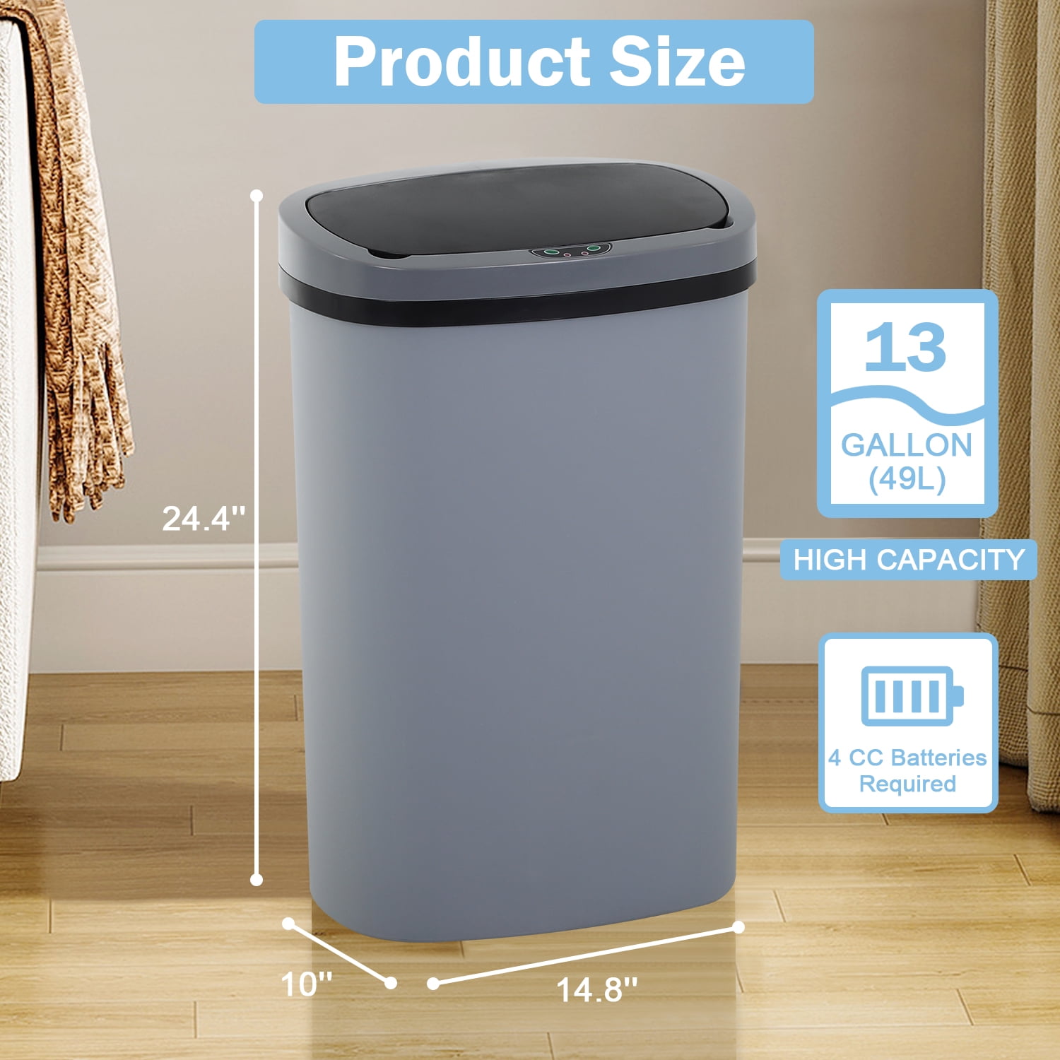 NiamVelo Kitchen Trash Can  with Lid, 13 Gallon Garbage Can Automatic Trash Can  for Bedroom Bathroom Home Office,Gray