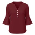 thumbnail image 2 of Bosfbaoi 3/4 Length Sleeve Womens Tops Notched V Neck Button Front Flounce Bell Sleeve Casual Blouses, 2 of 7