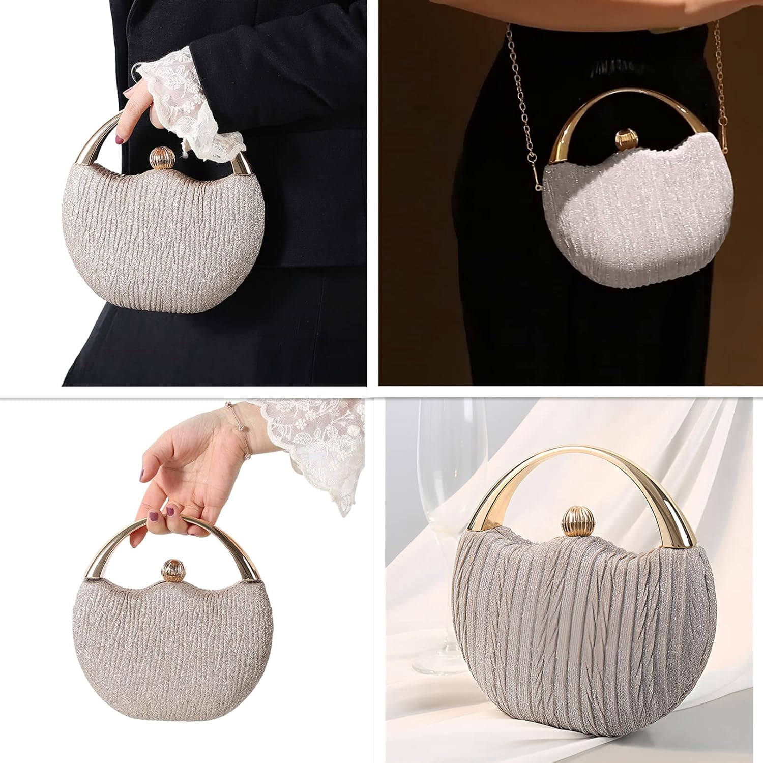 Evening Bag Clutch Purses Pleated Round Hard shell Crossbody Handbag with Chain Strap for Women Wedding Party Formal