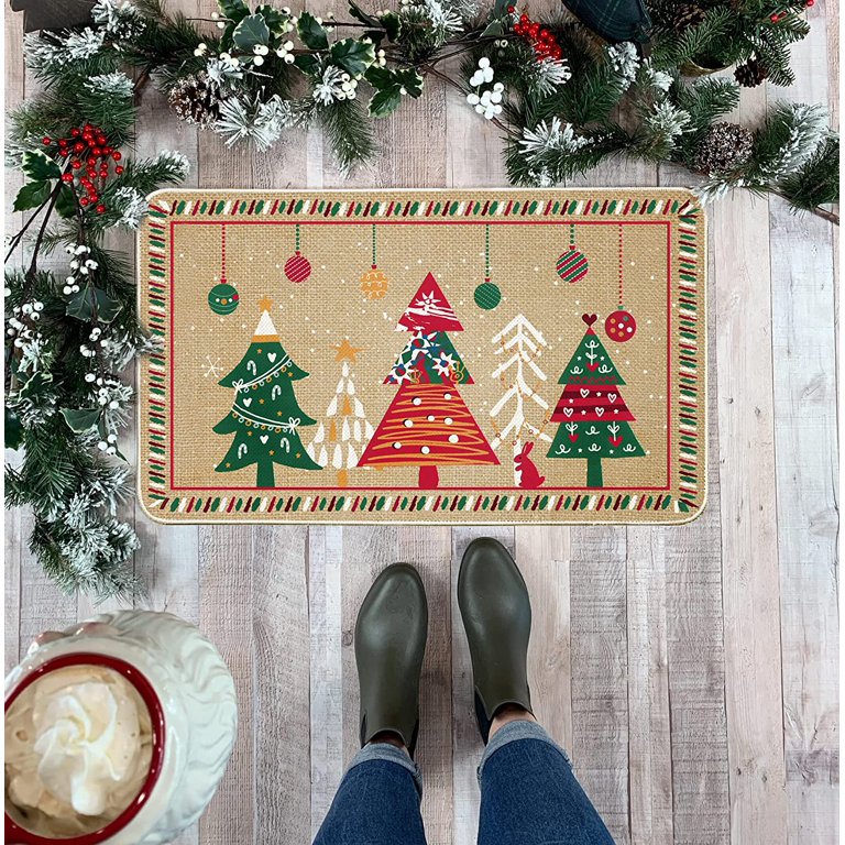 JOOCAR Christmas Mat, Blue Winter Snow Night Fawn Merry Christmas Tree  Christmas Mat for Home Kitchen Starter Home Front Door Welcome Indoor  Outdoor