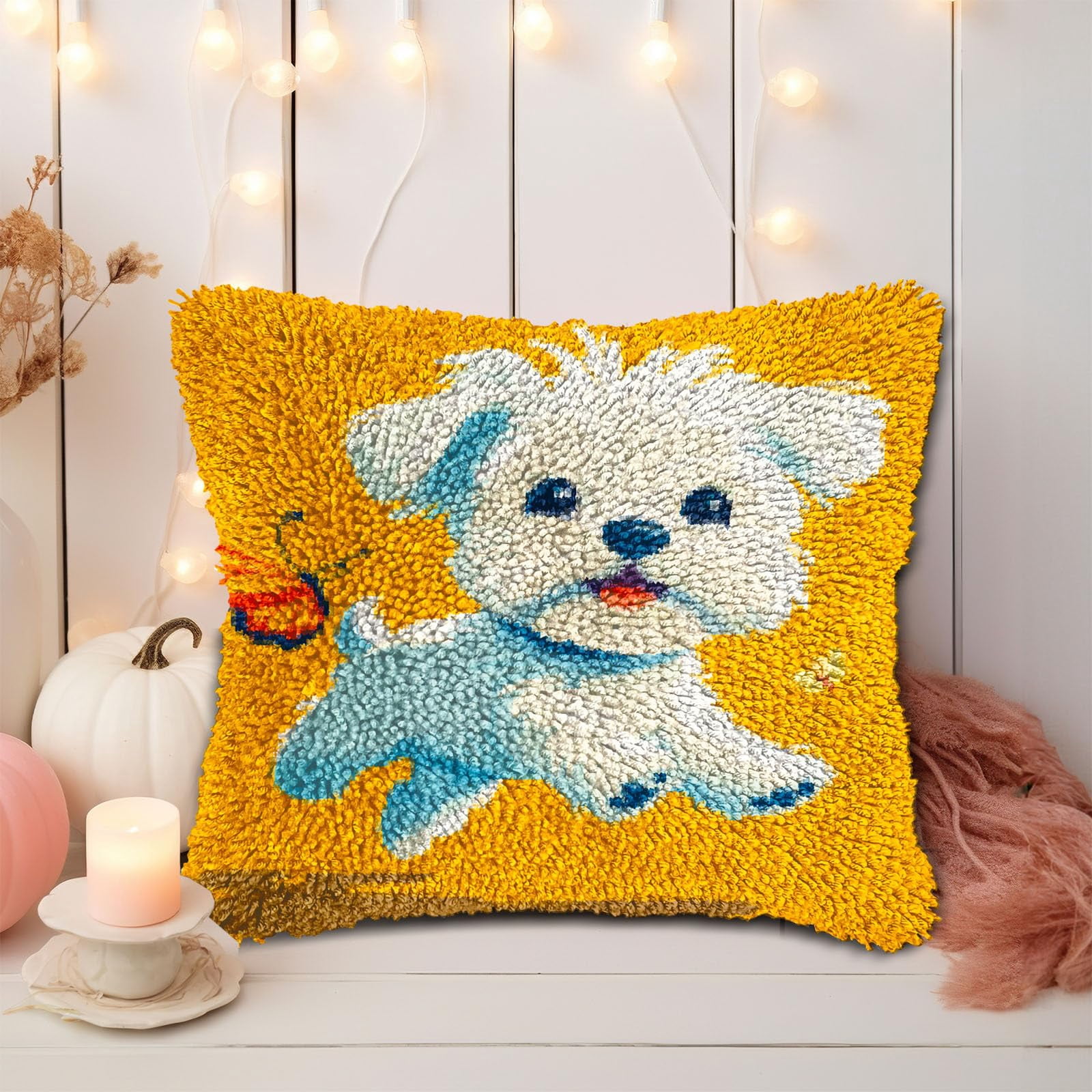DIY Latch Hook Pillow Kits for Adults Cute Maltese Dog Chasing Butterfly Printed Pillowcase Crochet Yarns Hooking Handmade Pillow Cover Cushion for Home Sofa Decor 17x17inch(3)