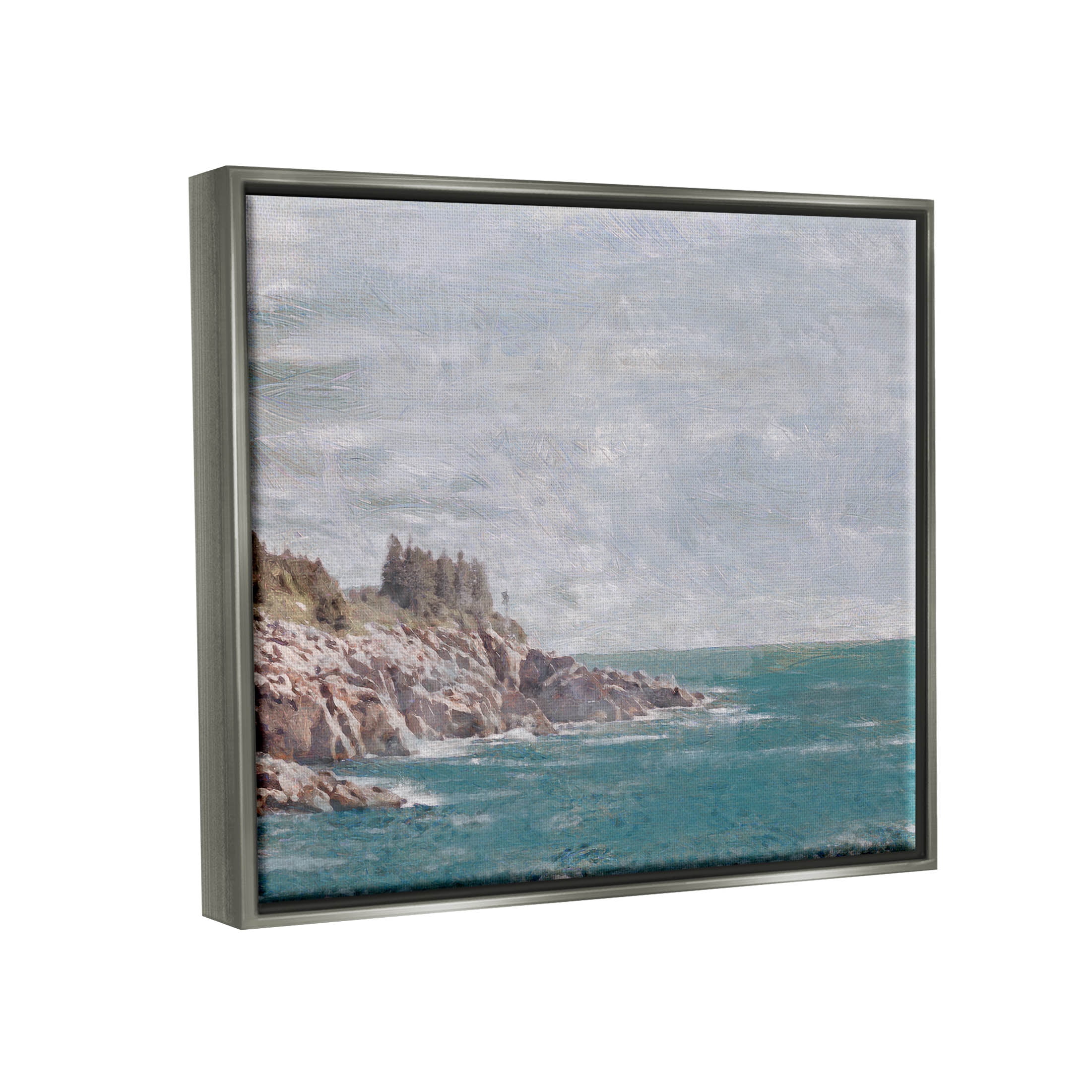 Stupell Industries Rocky Cliff Ocean Landscape Painting Luster Gray Floating Framed Canvas Print Wall Art, Design by Savannah Miler