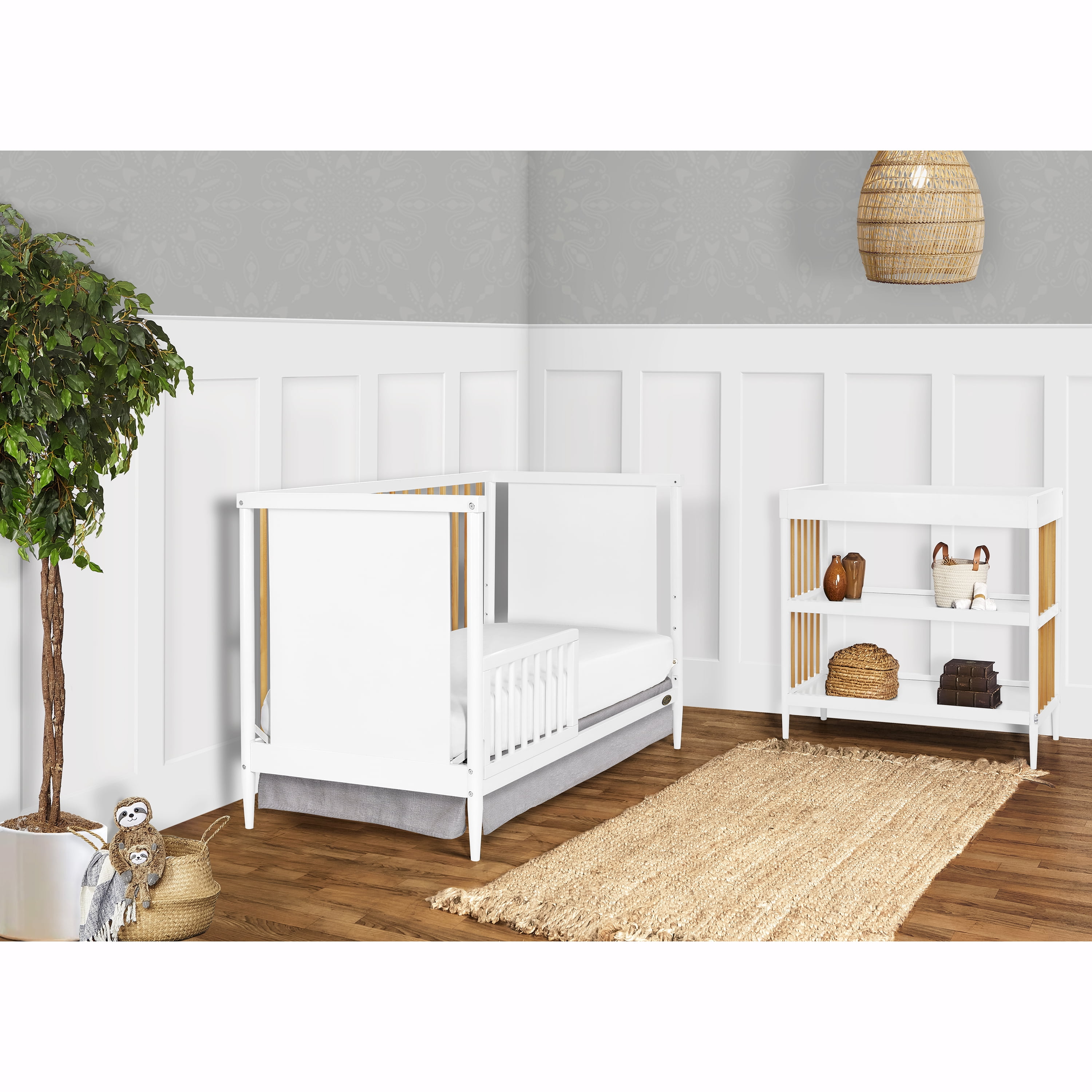 Bundle of Dream On Me Clover 4 in 1 Modern Island Crib with Rounded Spindles, Dream On Me Clover Changing Table, with a Dream On Me Honeycomb Firm Fiber Standard Crib Mattress, White And Natural