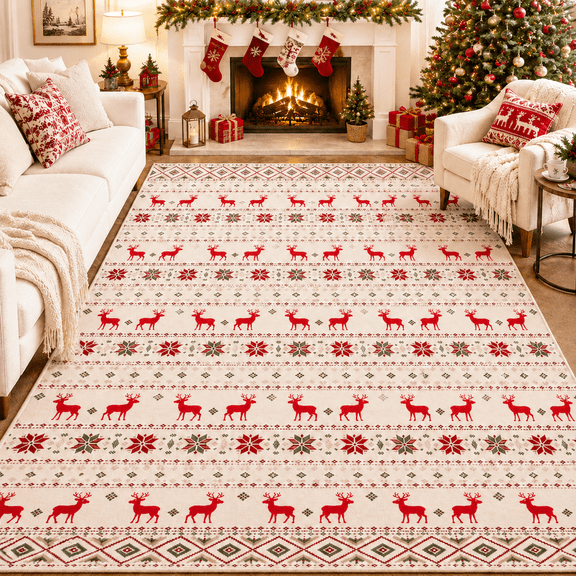 Wondiair 5x7 Christmas Area Rug for Living Room, Reindeer and Snowflake Design, Washable Non-Slip Low Pile for Bedroom Dining Room,Beige