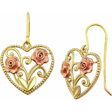 US GOLD 10kt Gold Heart with Rose Gold Flower Drop Earrings