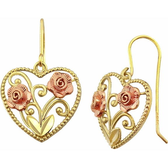 10kt Gold Heart with Rose Gold Flower Drop Earrings