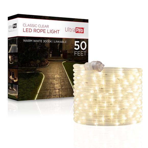 Luces LED en forma de cuerda UltraPro de 50 pies, blanco cálido, 3000 K, para interiores y exteriores