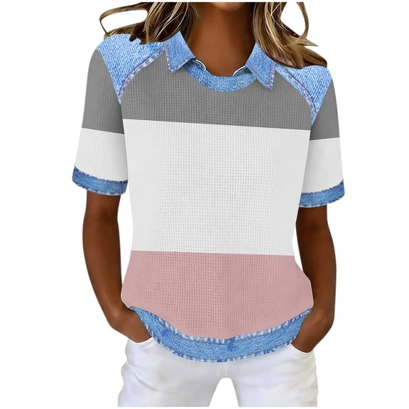 Womens Blouses Plus Size,Women Waffle Knit Top Crew Neck Raglan Sleeve Color Block Denim Trim Casual Shirt Lightweight Pullover Vacation Top