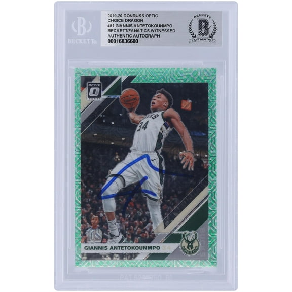 Giannis Antetokounmpo Milwaukee Bucks Autographed 2019-20 Panini Donruss Optic Choice Dragon Prizm #81 Beckett Fanatics Witnessed Authenticated Card - Fanatics Authentic Certified