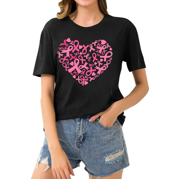 Harpily Shirts for Women Women Breast Cancer Heart Ribbon Print Loose Casual Short Sleeve T Shirt