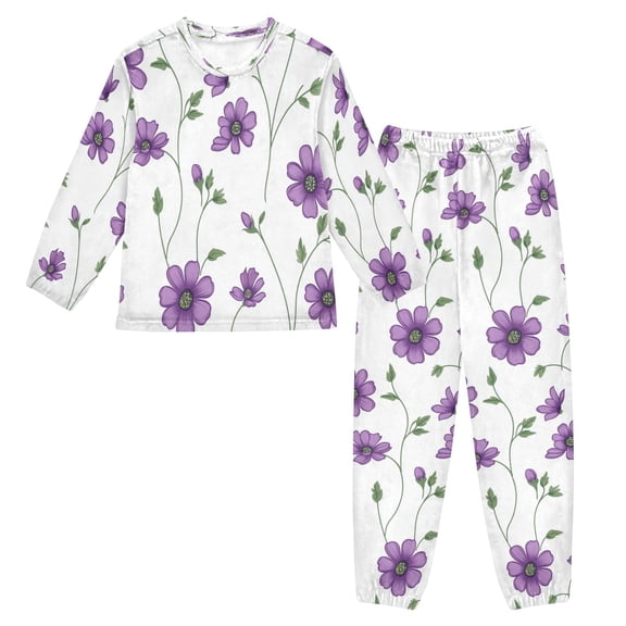 Fluffy Pajamas Set Fuzzy Winter Warm Pj Sets Pullover Tops and Long Pants Purple Flowers X-Small