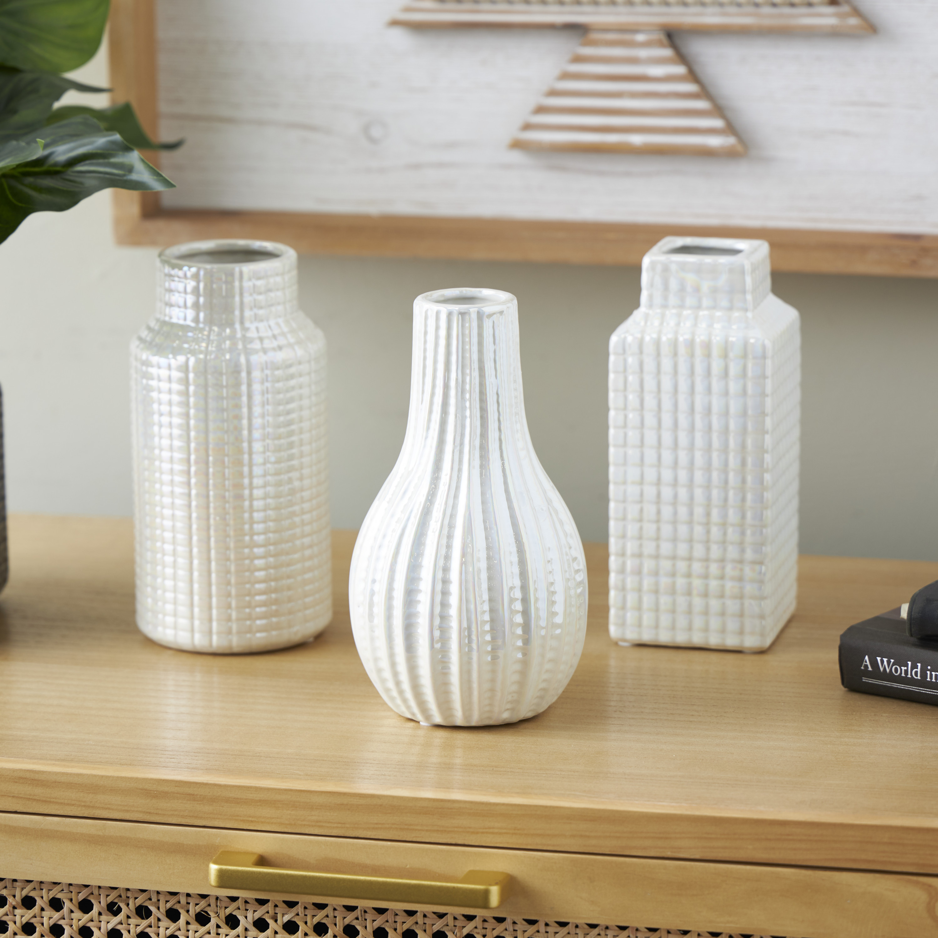 DecMode 3"W, 8"H Geometric Dimensional Textured Cream Ceramic Vase with Varying Shapes and Grid Patterns, Set of 3