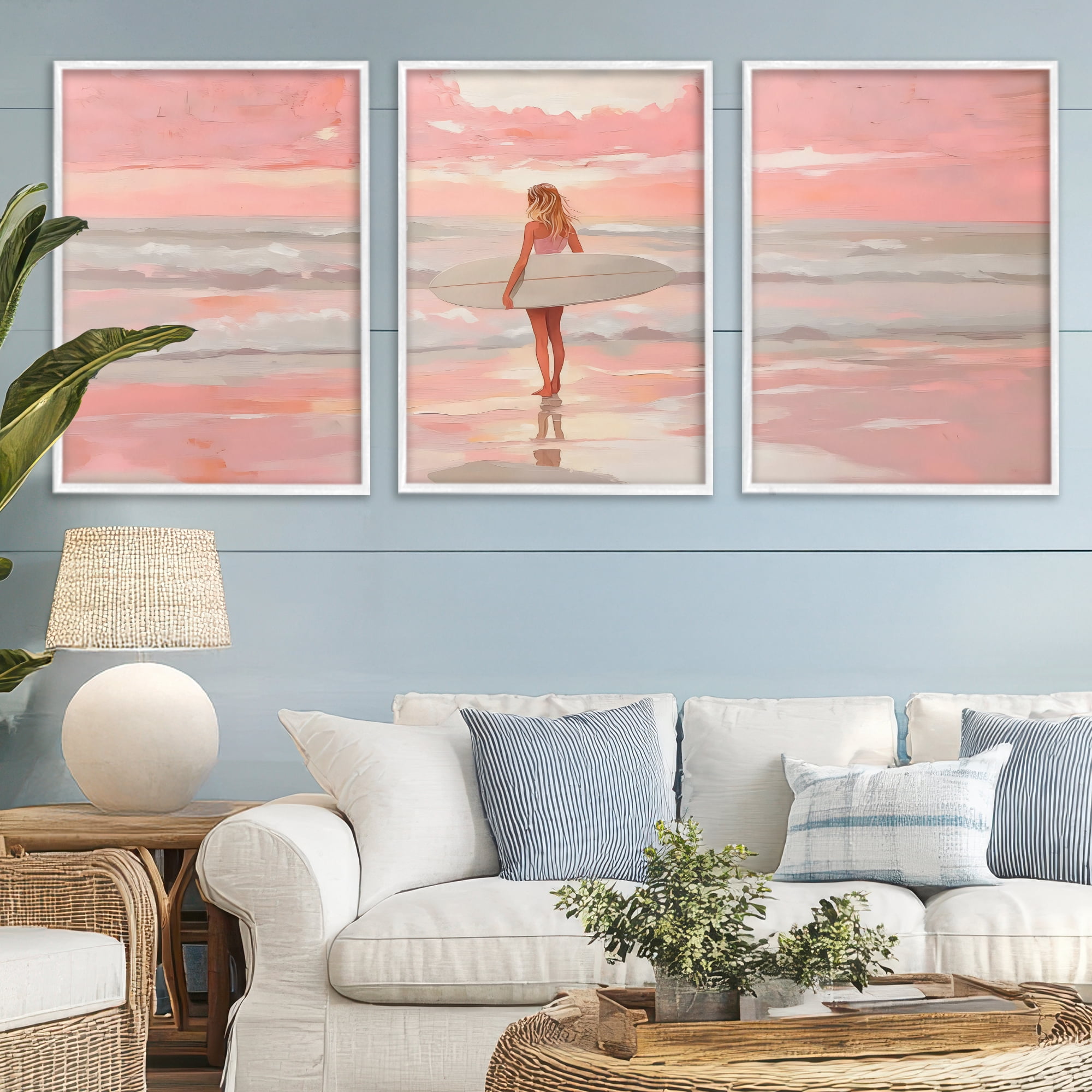 Stupell Industries Pink Sky Surfer Sunrise 3 Piece White Framed Giclee Art Set, design by LSR Design Studio