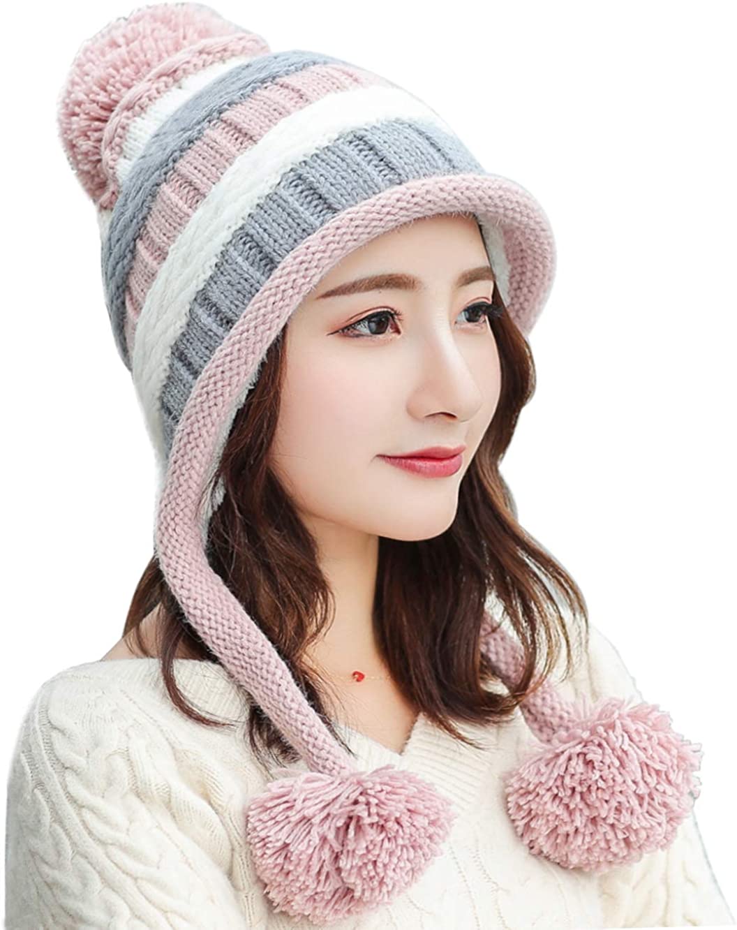 Lavinya Women Winter Peruvian Cover Ears Beanie Hat Ear Flaps Sherpa Ski Snow Hats Knit Fleece