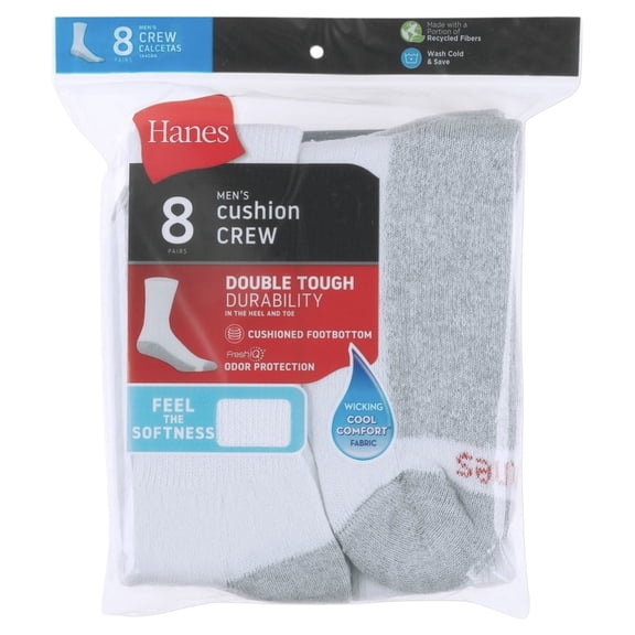 Hanes Men's 8pk Crew Socks with FreshIQTM, White, 6-12