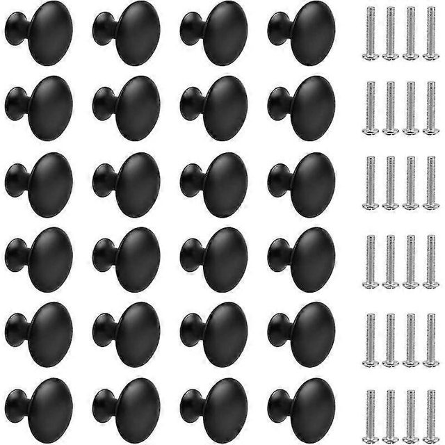 24 Pack Matte Black Drawer Knobs, Round Furniture Knobs with Screws for Cabinets, Kitchen Bedside Tables (30mm)