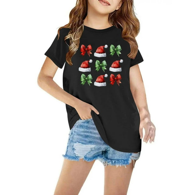 Zwiiyzr 2025 Chemises de Noël Mignonnes pour Garçons et Filles Mode Imprimée Décontractée Manches Courtes Col Rond Coton 3-10 Ans Noir