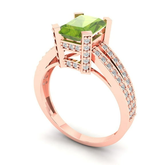 2.45 ct Emerald Cut Natural Peridot Solitaire with Accents Engagement Ring for Women in 18K Rose Gold