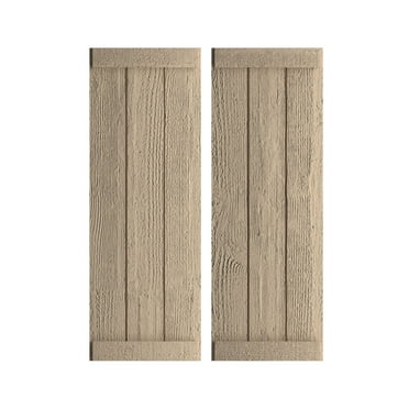 Ekena Millwork 16 1/2"W x 80"H Rustic Three Board Joined Board-n-Batten Rough Sawn Faux Wood Shutters w/End Batten (Per Pair), Primed Tan