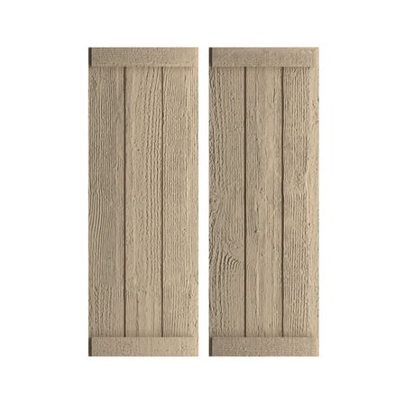 Ekena Millwork 16 1/2"W x 70"H Rustic Three Board Joined Board-n-Batten Rough Sawn Faux Wood Shutters w/End Batten (Per Pair), Primed Tan